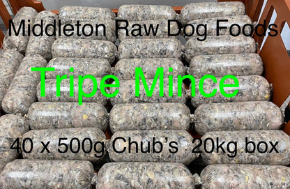 Frozen Minced Green Tripe 40X500G Chubs/Rolls 20KG (44Lbs) for Dogs BARF / RAW